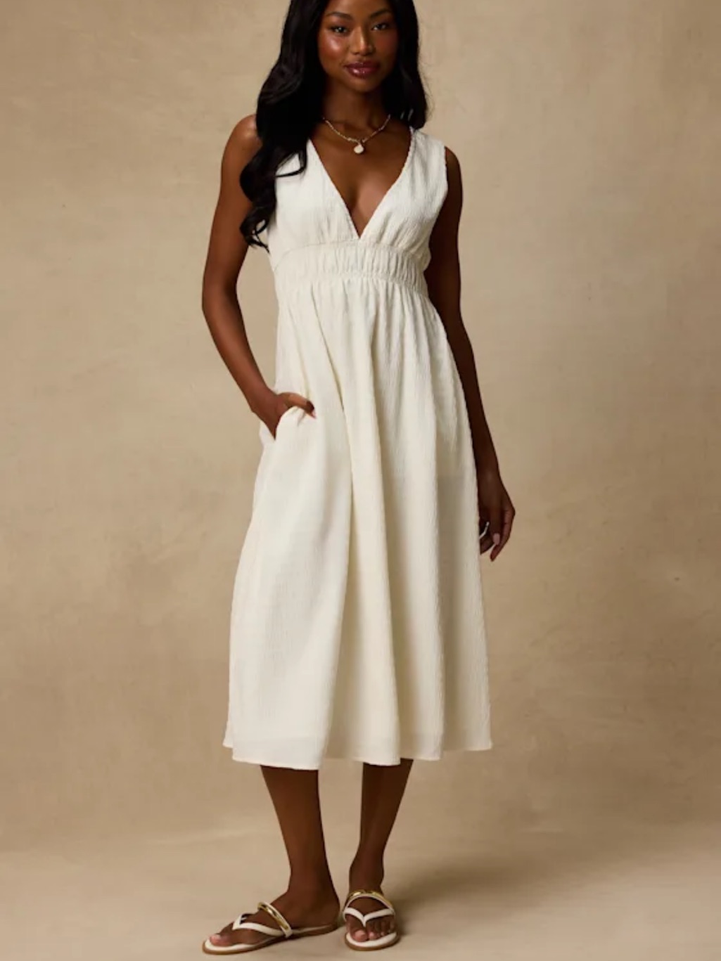 Lulus Anamaya Ivory Textured V-Neck Midi Dress